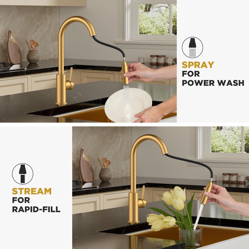 FORIOUS Gold Kitchen Faucet with Pull Down Sprayer, Brushed Brass High Arc Gooseneck Modern Sink Faucet with CUPC Ceramic Cartridge, Single Handle Stainless Steel and Deck Plate - Image 4